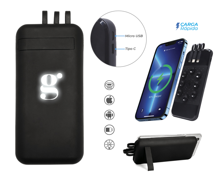 Batería portátil con ventosas 3 en 1 de carga rápida con luz cap. 10000 mah Bingo
