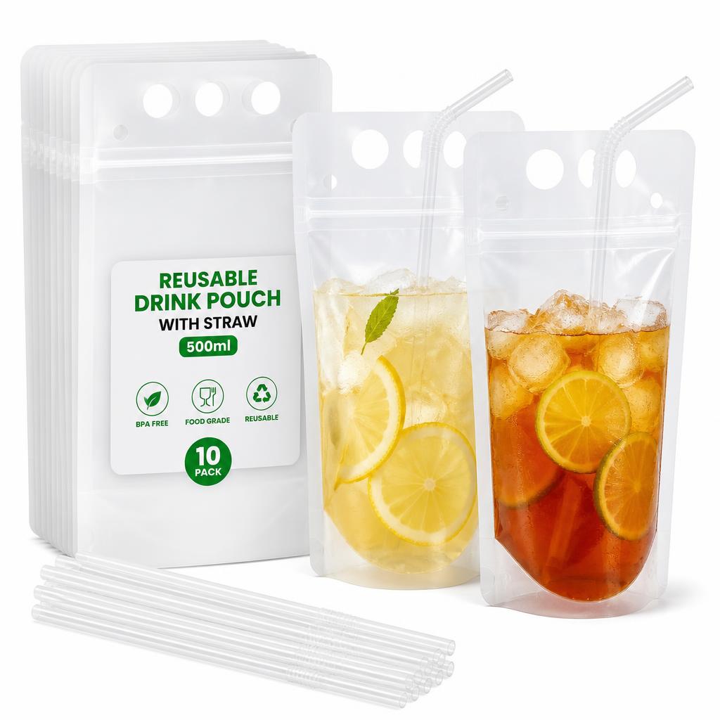 Bolsas Para Bebidas 500 Ml Con Popote (100 Pz)